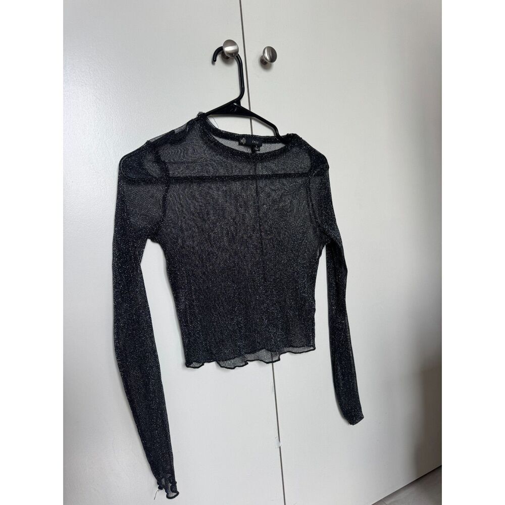 Vintage IRIS Black Sheer Mesh Sparkle Long Sleeve Slight Crop Sz S